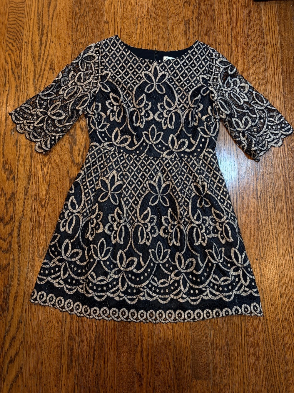 Eliza J Black Gold‎ Lace Overlay Fit & Flare Cocktail Dress 8 Petite